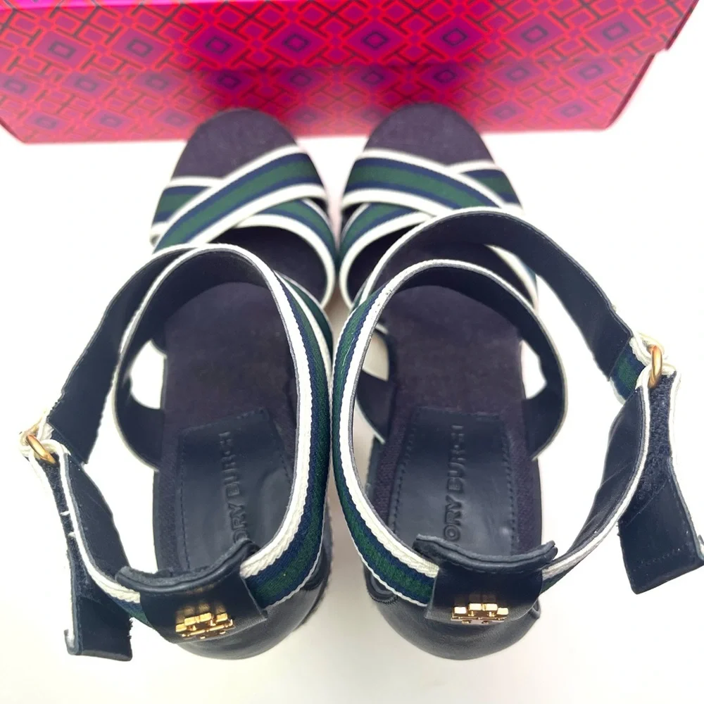 Tory Burch Frieda Platform Wedge Espadrille Blue Green Summer Sandals
